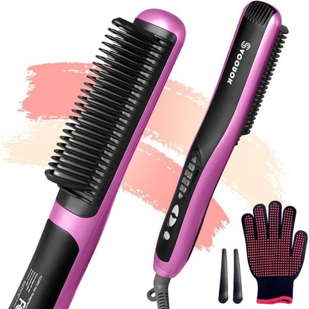 Straightening Comb for Hair Electric -2-in-1 Hot Brush Hair Straightener Ceramic